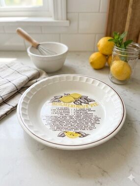 Lemon Meringue Pie Ceramic Pie Dish with Recipe - White Yellow Accent